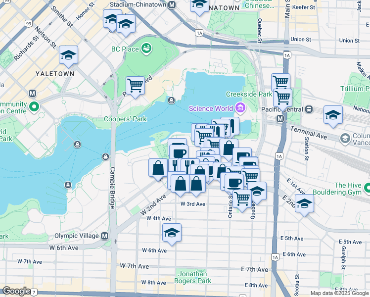 map of restaurants, bars, coffee shops, grocery stores, and more near 170 Athletes Way in Vancouver