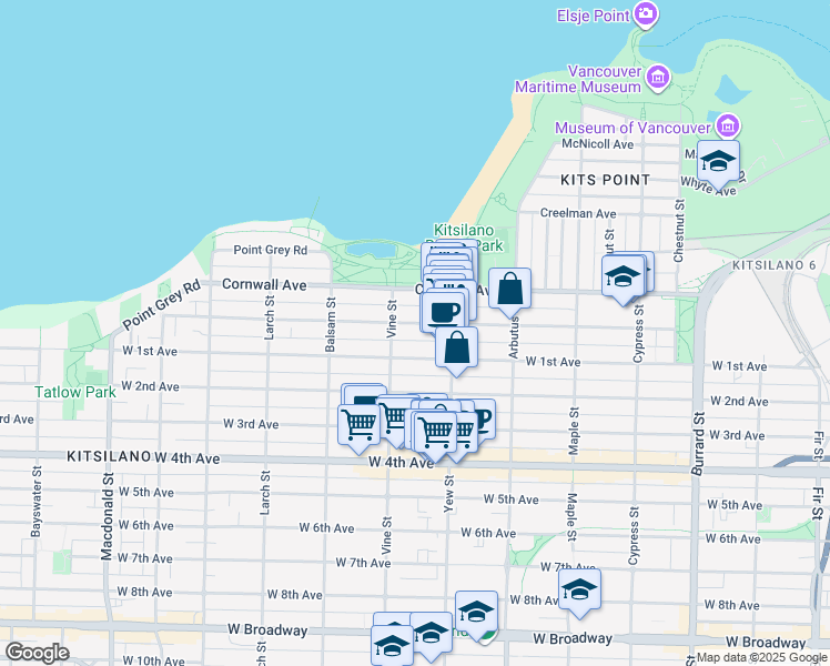map of restaurants, bars, coffee shops, grocery stores, and more near 1601 Yew Street in Vancouver