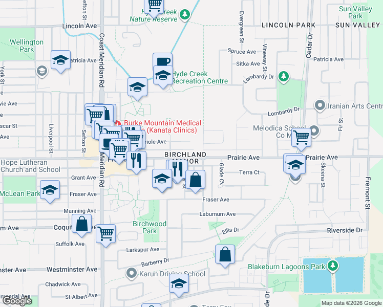 map of restaurants, bars, coffee shops, grocery stores, and more near 1231 Prairie Avenue in Port Coquitlam