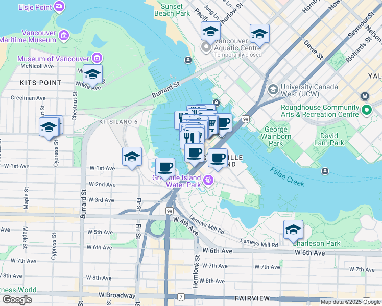 map of restaurants, bars, coffee shops, grocery stores, and more near 1815 Mast Tower Lane in Vancouver