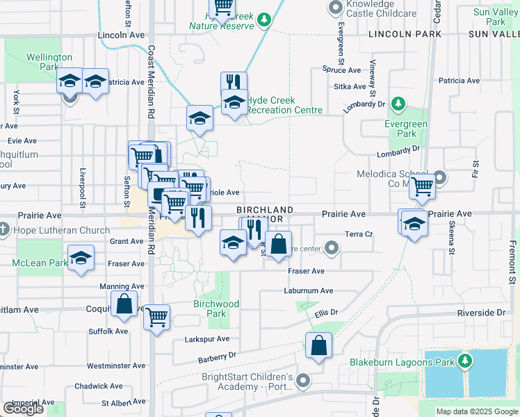 map of restaurants, bars, coffee shops, grocery stores, and more near 1261 Prairie Avenue in Port Coquitlam