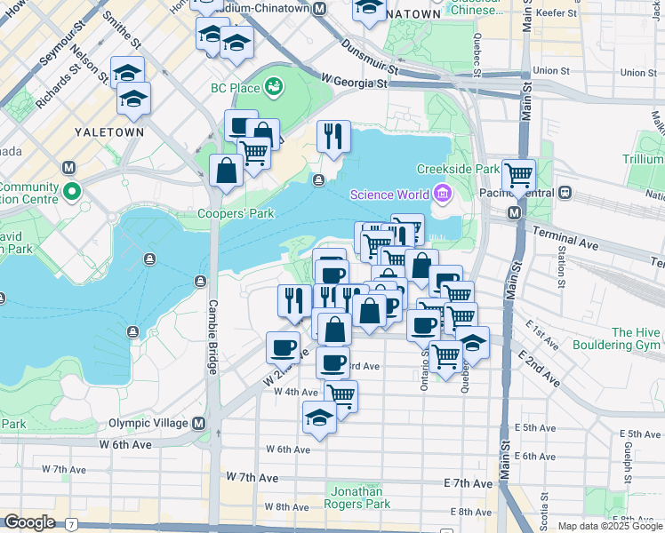 map of restaurants, bars, coffee shops, grocery stores, and more near 186 Athletes Way in Vancouver