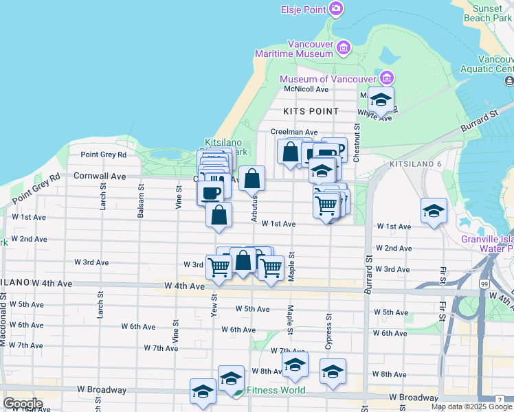 map of restaurants, bars, coffee shops, grocery stores, and more near 1602 Arbutus Street in Vancouver