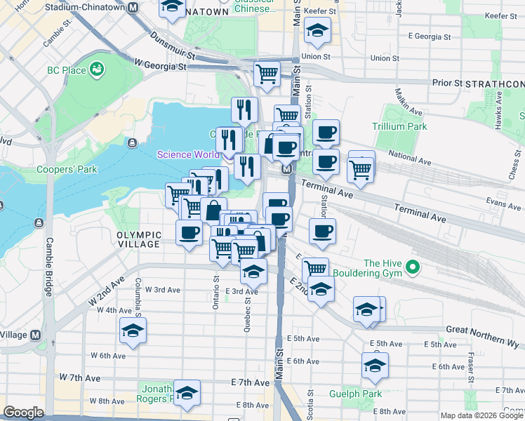 map of restaurants, bars, coffee shops, grocery stores, and more near 1618 Quebec Street in Vancouver