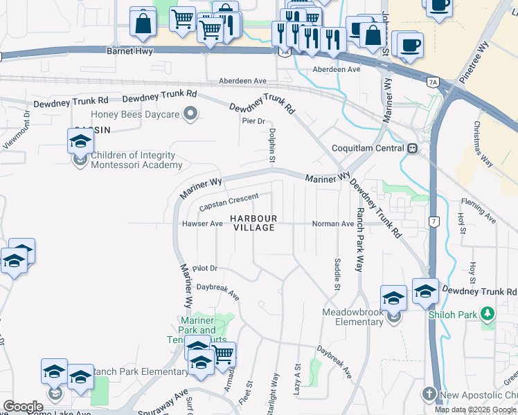 map of restaurants, bars, coffee shops, grocery stores, and more near 3183 Beacon Drive in Coquitlam
