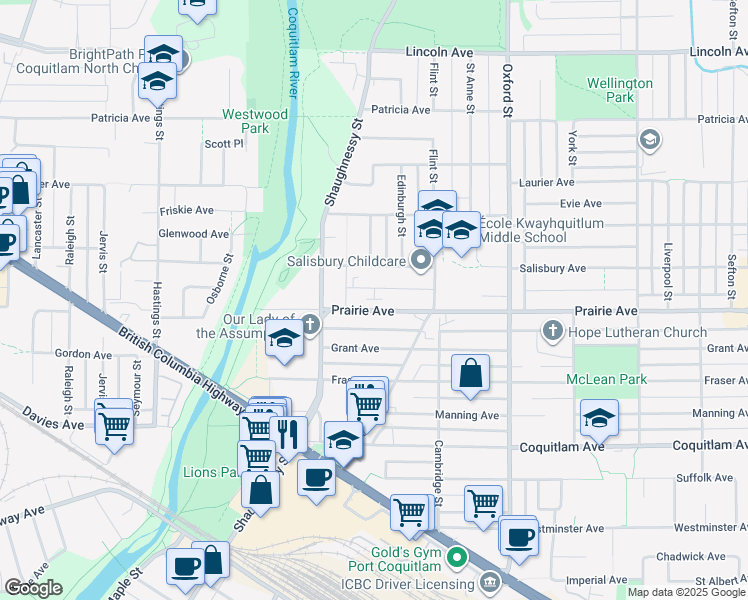 map of restaurants, bars, coffee shops, grocery stores, and more near 2156 Salisbury Avenue in Port Coquitlam