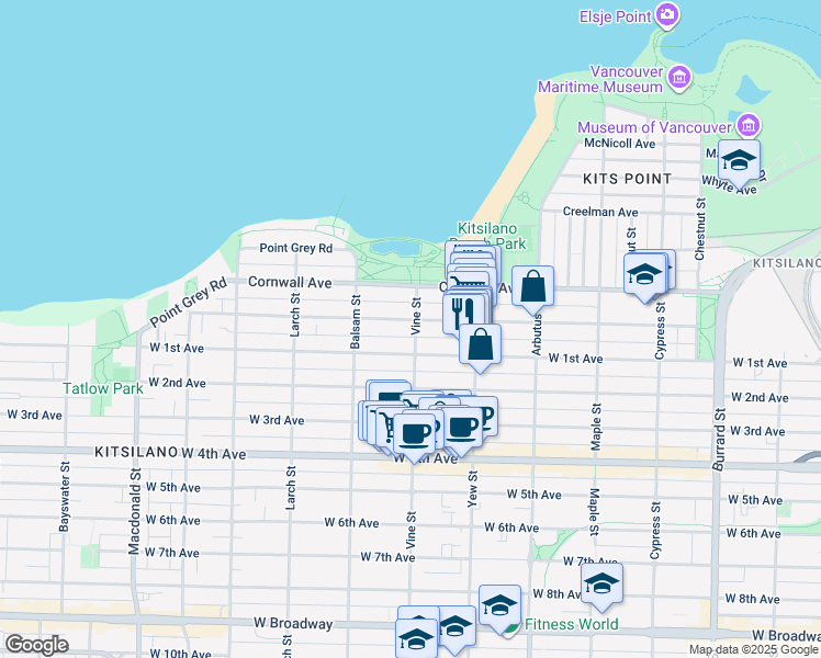 map of restaurants, bars, coffee shops, grocery stores, and more near in Vancouver