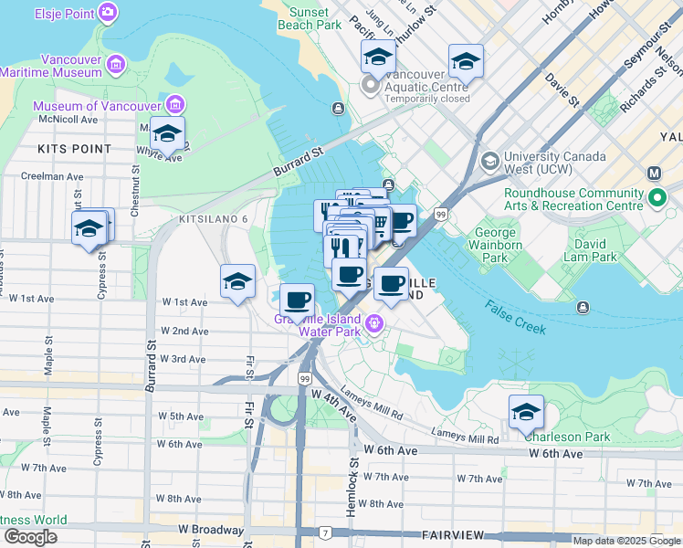 map of restaurants, bars, coffee shops, grocery stores, and more near 1815 Mast Tower Lane in Vancouver