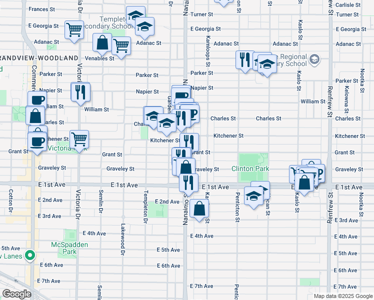 map of restaurants, bars, coffee shops, grocery stores, and more near 2423 Grant Street in Vancouver