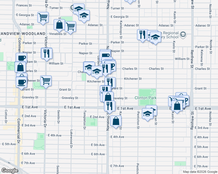 map of restaurants, bars, coffee shops, grocery stores, and more near 2425 Grant Street in Vancouver