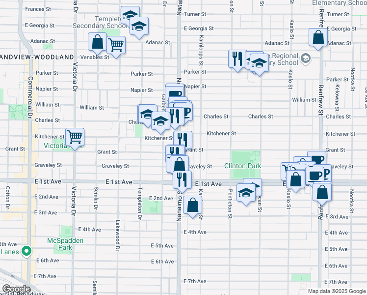 map of restaurants, bars, coffee shops, grocery stores, and more near in Vancouver