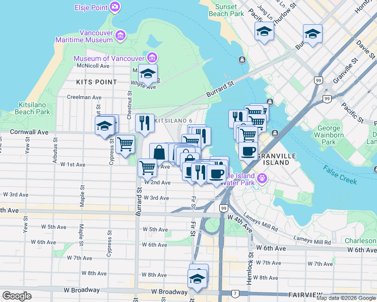 map of restaurants, bars, coffee shops, grocery stores, and more near 1490 Pennyfarthing Drive in Vancouver