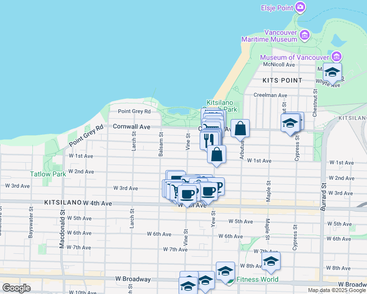 map of restaurants, bars, coffee shops, grocery stores, and more near 1615 Vine Street in Vancouver