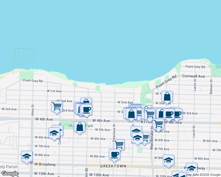 map of restaurants, bars, coffee shops, grocery stores, and more near in Vancouver
