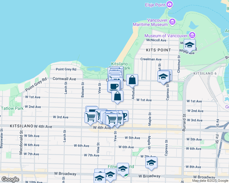 map of restaurants, bars, coffee shops, grocery stores, and more near 1601 Yew Street in Vancouver