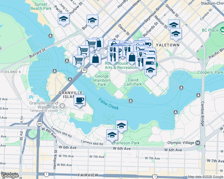 map of restaurants, bars, coffee shops, grocery stores, and more near in Vancouver