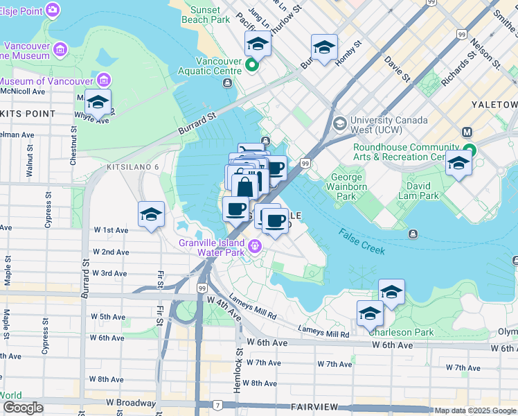 map of restaurants, bars, coffee shops, grocery stores, and more near 1592 Johnston Street in Vancouver