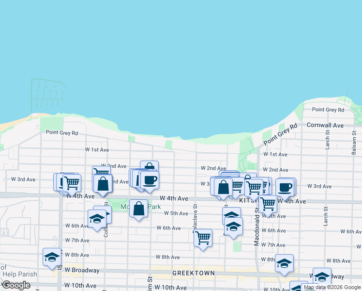 map of restaurants, bars, coffee shops, grocery stores, and more near in Vancouver