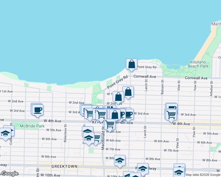 map of restaurants, bars, coffee shops, grocery stores, and more near 2756 Point Grey Road in Vancouver