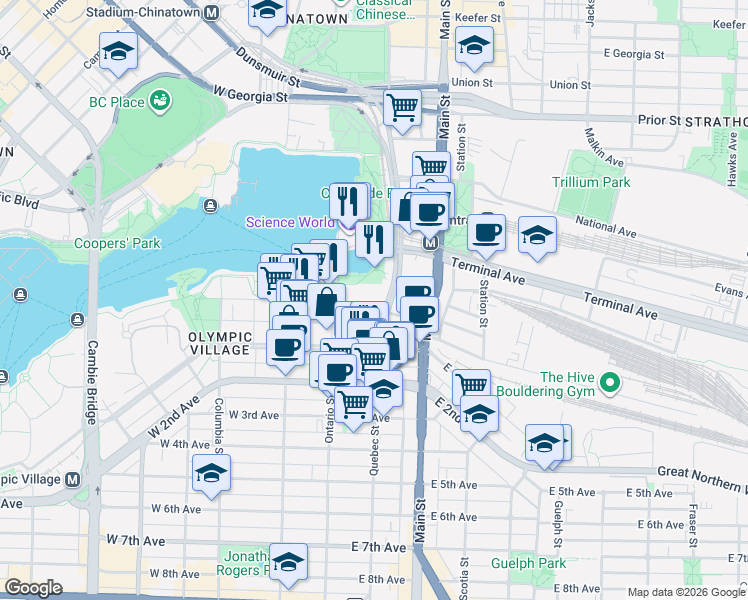 map of restaurants, bars, coffee shops, grocery stores, and more near 1601 Quebec Street in Vancouver