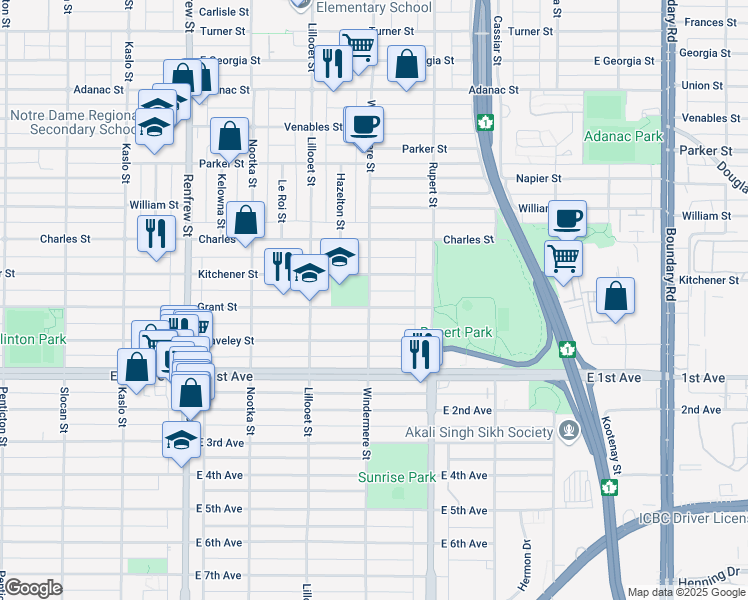 map of restaurants, bars, coffee shops, grocery stores, and more near 3205 Grant Street in Vancouver