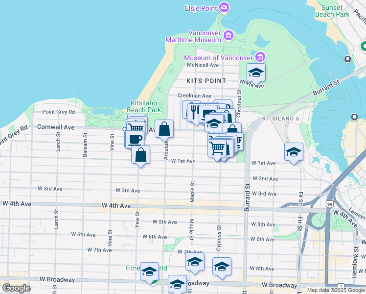 map of restaurants, bars, coffee shops, grocery stores, and more near 2036 York Avenue in Vancouver