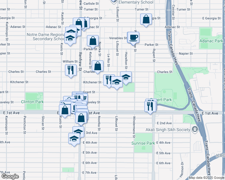 map of restaurants, bars, coffee shops, grocery stores, and more near 3079 Grant Street in Vancouver