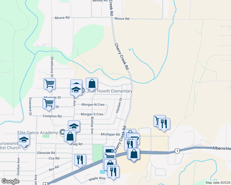 map of restaurants, bars, coffee shops, grocery stores, and more near 3626 Bishop Crescent in Port Alberni