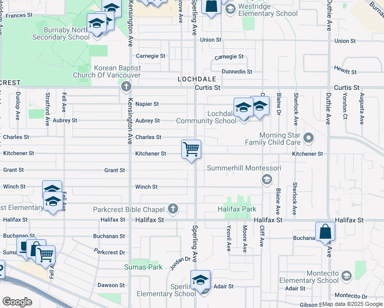 map of restaurants, bars, coffee shops, grocery stores, and more near 6668 Kitchener Street in Burnaby