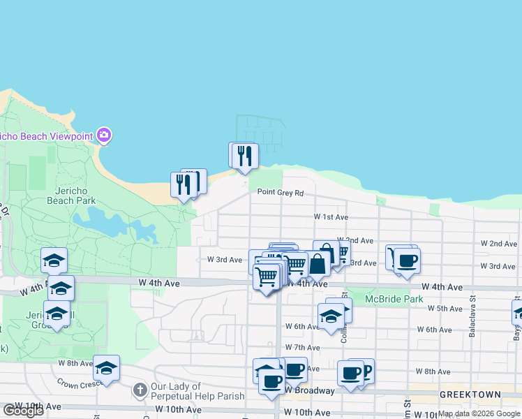 map of restaurants, bars, coffee shops, grocery stores, and more near 3767 West 1st Avenue in Vancouver