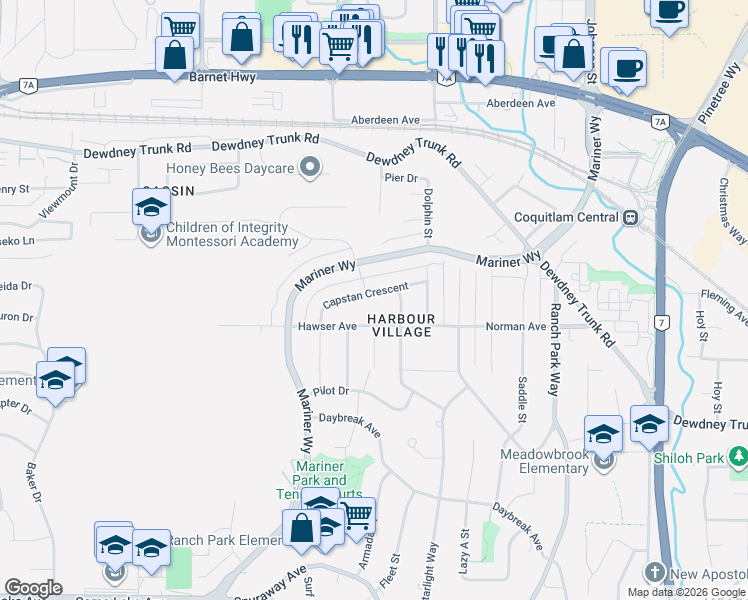 map of restaurants, bars, coffee shops, grocery stores, and more near 3196 Capstan Crescent in Coquitlam