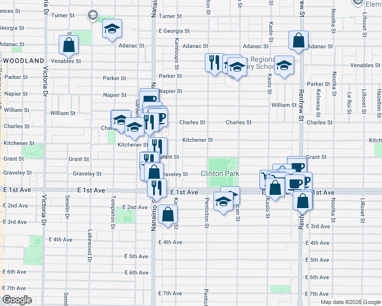 map of restaurants, bars, coffee shops, grocery stores, and more near in Vancouver