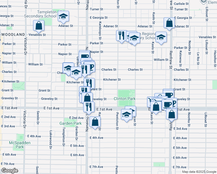 map of restaurants, bars, coffee shops, grocery stores, and more near 2539 Grant Street in Vancouver