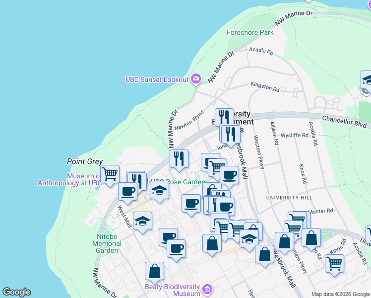 map of restaurants, bars, coffee shops, grocery stores, and more near 6060 Chancellor Boulevard in Vancouver