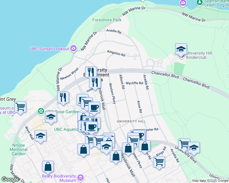 map of restaurants, bars, coffee shops, grocery stores, and more near 1758 Western Parkway in Vancouver