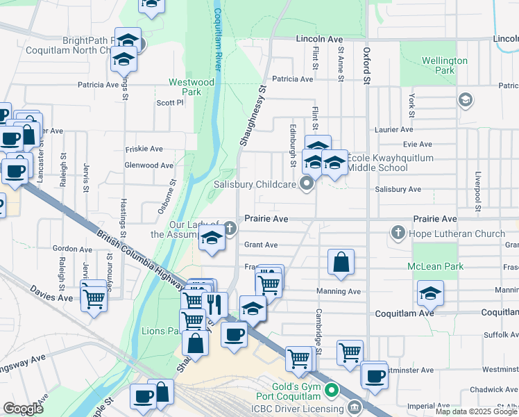 map of restaurants, bars, coffee shops, grocery stores, and more near 2156 Salisbury Avenue in Port Coquitlam