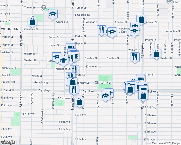 map of restaurants, bars, coffee shops, grocery stores, and more near 2539 Grant Street in Vancouver