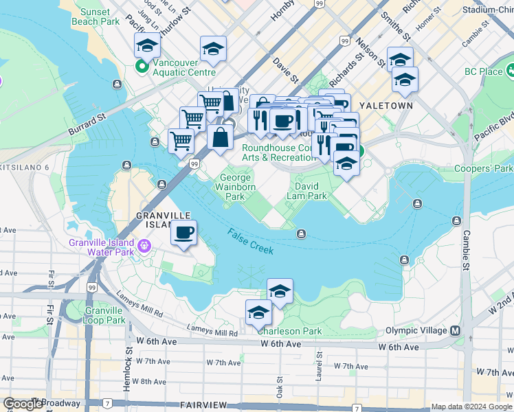map of restaurants, bars, coffee shops, grocery stores, and more near in Vancouver