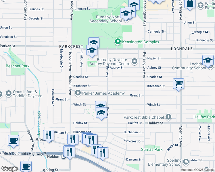 map of restaurants, bars, coffee shops, grocery stores, and more near 6252 Kitchener Street in Burnaby
