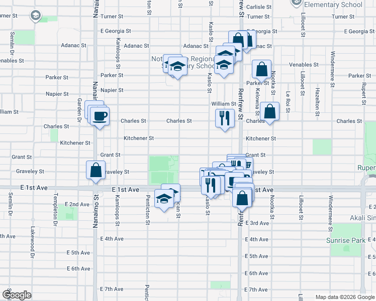 map of restaurants, bars, coffee shops, grocery stores, and more near 2721 Grant Street in Vancouver
