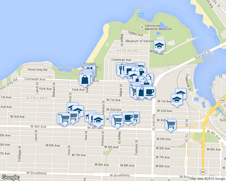 map of restaurants, bars, coffee shops, grocery stores, and more near 2028 York Avenue in Vancouver