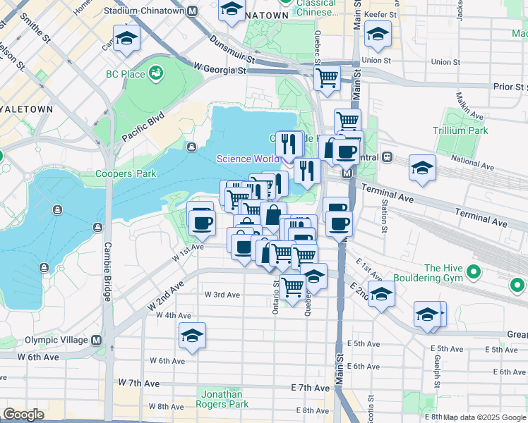 map of restaurants, bars, coffee shops, grocery stores, and more near 1 Athletes Way in Vancouver