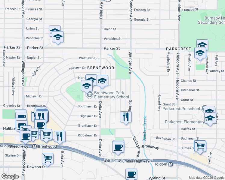 map of restaurants, bars, coffee shops, grocery stores, and more near 1390 Eastlawn Drive in Burnaby
