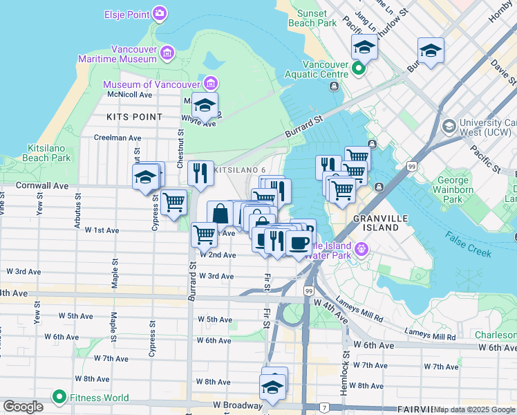 map of restaurants, bars, coffee shops, grocery stores, and more near 1490 Pennyfarthing Drive in Vancouver
