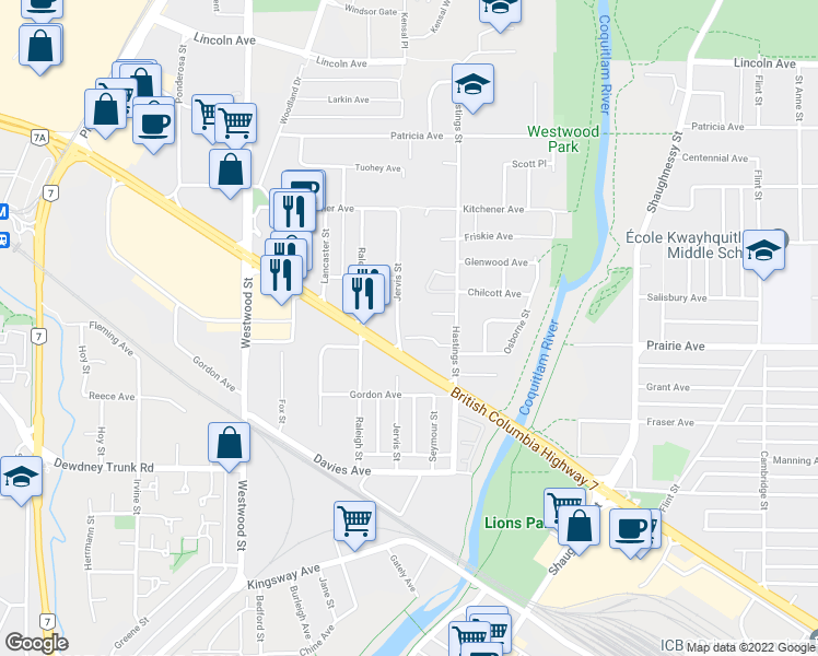 map of restaurants, bars, coffee shops, grocery stores, and more near 3320 Jervis Street in Port Coquitlam