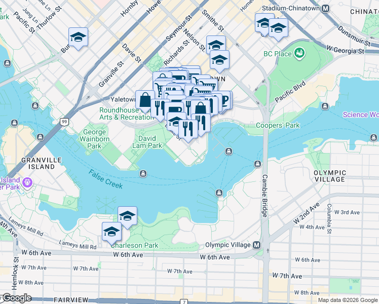 map of restaurants, bars, coffee shops, grocery stores, and more near 1328 Marinaside Crescent in Vancouver