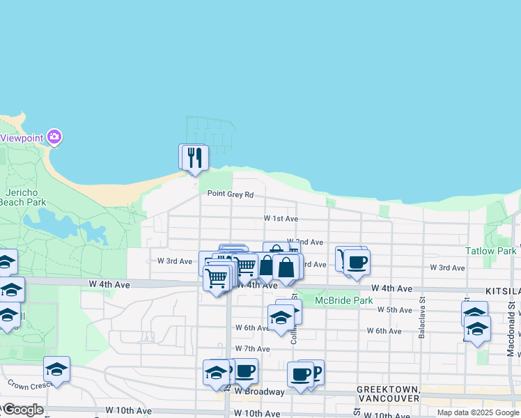 map of restaurants, bars, coffee shops, grocery stores, and more near 1631 Dunbar Street in Vancouver