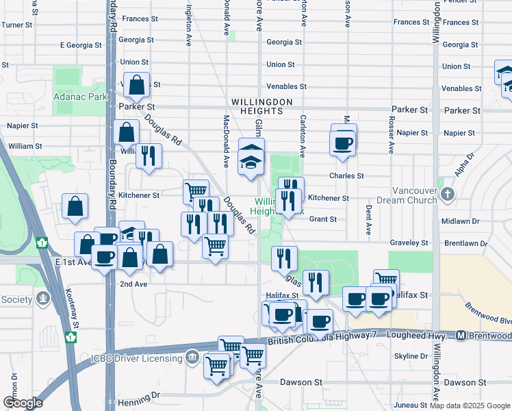 map of restaurants, bars, coffee shops, grocery stores, and more near 1403 Gilmore Avenue in Burnaby