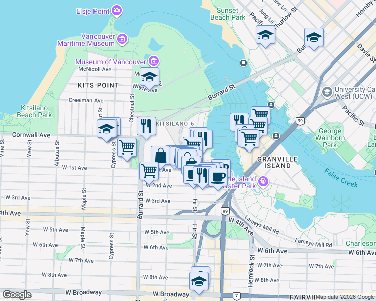 map of restaurants, bars, coffee shops, grocery stores, and more near 1490 Pennyfarthing Drive in Vancouver