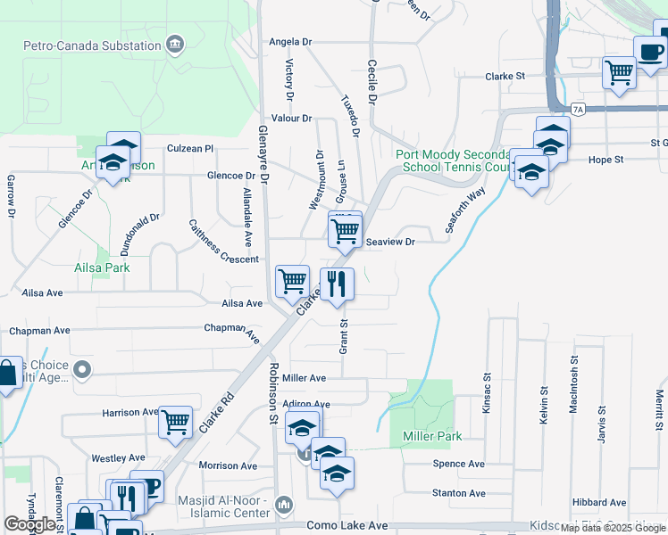 map of restaurants, bars, coffee shops, grocery stores, and more near 911 Clarke Road in Port Moody